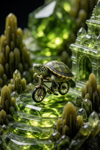 A Breathtaking Macro Photograph Of A Cute Real Green Turtle... — Stable Diffusion AI Prompt: A breathtaking macro photograph of a cute real green turtle riding a tiny bicycl...