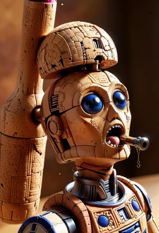 Corkworld, R2-d2 Stuck Inside A Giant Wine Bottle Neck, C-3p... — SDXL AI Prompt: corkworld, R2-D2 stuck inside a giant wine bottle neck, C-3PO pulling him out wi...