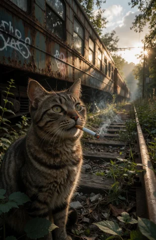 A Close-up Iphone Photo Of An Old Tabby Cat With A Cigarette... — Stable Diffusion AI Prompt: A close-up iphone photo of an old tabby cat with a cigarette in it mouth. The li...