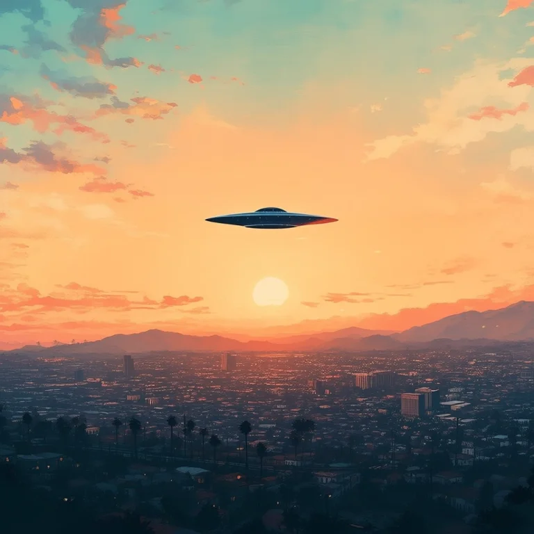 A Ufo In The Distant, Sunset, La, Water Color Art Style