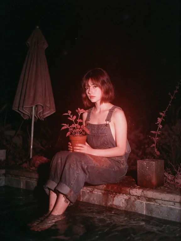 A Young Woman With A Short Bob Wears Overalls, Sitting Baref...
