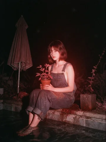 A Young Woman With A Short Bob Wears Overalls, Sitting Baref... — Stable Diffusion AI Prompt: A young woman with a short bob wears overalls, sitting barefoot on a rooftop poo...