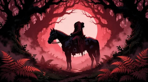 Illustration A Headless Rider On A Horse Stands In A Forest... — Stable Diffusion AI Prompt: illustration A headless rider on a horse stands in a forest tunnel of trees. Fog...