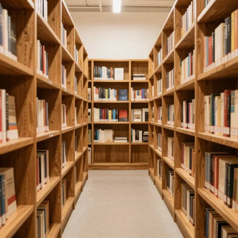 Quiet Library Wooden Shelves — Stable Diffusion AI Prompt: quiet library wooden shelves