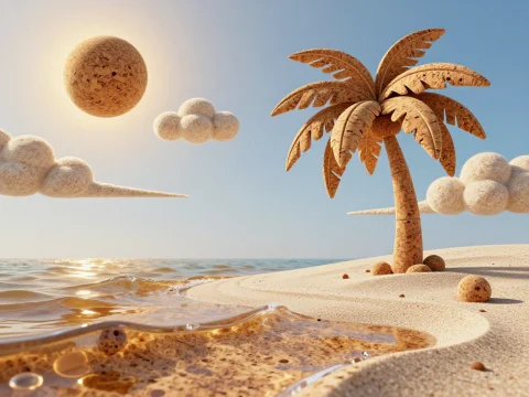 A World Reimagined In Cork A White Sand Beach Made Entirely... — Stable Diffusion AI Prompt: A world reimagined in cork: a white sand beach made entirely of cork, the sand c...