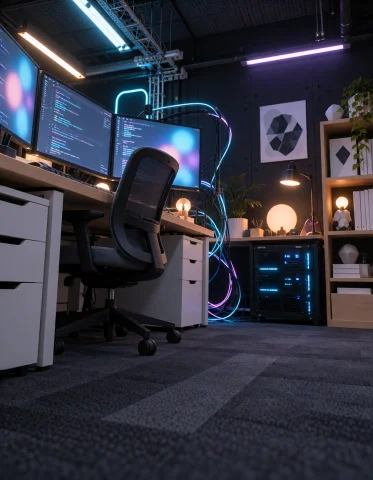 G4m3 Stud10, Photorealistic Cinematic Still Of The Programmi... — Stable Diffusion AI Prompt: g4m3 stud10, photorealistic cinematic still of the programming floor of a modern...