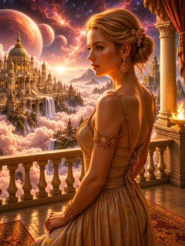 Boet, Balcony Of Eternity, Close-up Of A Blonde Low Up-do Ha... — Stable Diffusion AI Prompt: BOET, Balcony of eternity, close-up of a blonde low up-do haired woman in ethere...
