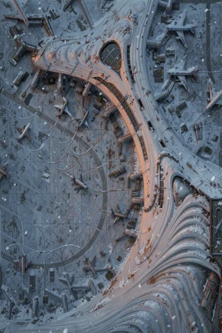 The Image Shows An Overhead View Of Numerous Airplanes Parke... — FLUX AI Prompt: The image shows an overhead view of numerous airplanes parked at gates within a...