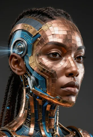 A Close-up Portrait Of An Ebony Black Womans Face Rendered I... — SDXL AI Prompt: A close-up portrait of an Ebony Black woman's face rendered in biomechanical cyb...