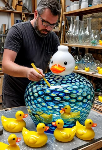Novuschroma54 Style, A Fused Glass Sculpturecathedral Glass... — SDXL AI Prompt: novuschroma54 style, a fused glass sculpture/cathedral glass of a rubber duck gl...