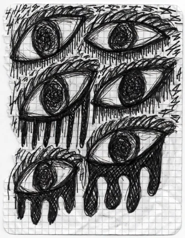 A Drawing In The Style Of Tom Smigla. Multiple Eyes In A Gri... — Stable Diffusion AI Prompt: A drawing in the style of Tom Smigla. Multiple eyes in a grid notebook, torn pap...