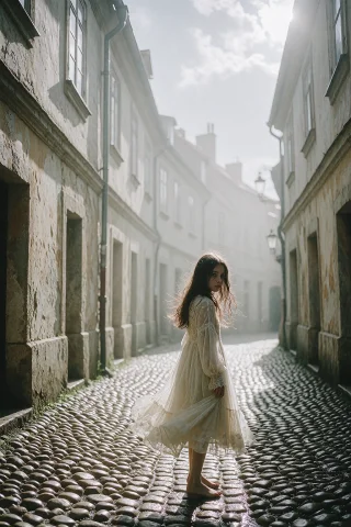 A Hauntingly Atmospheric Scene Set In A Cobblestone Street O... — Stable Diffusion AI Prompt: A hauntingly atmospheric scene set in a cobblestone street of an old European to...