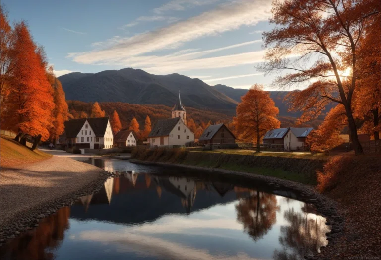 A Tranquil Autumn Countryside Landscape With A Winding River...
