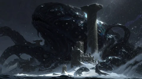 A Colossal Shoggoth, A Shapeless Mass Of Glossy Black Protop... — Stable Diffusion AI Prompt: A colossal Shoggoth, a shapeless mass of glossy black protoplasm, slowly engulfs...