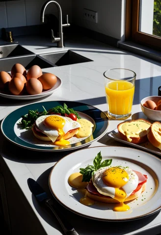 Oil On Canvas Painting Of Nature Mort With Eggs Benedict On... — SDXL AI Prompt: oil on canvas painting of nature mort with eggs benedict on the plate placed on...