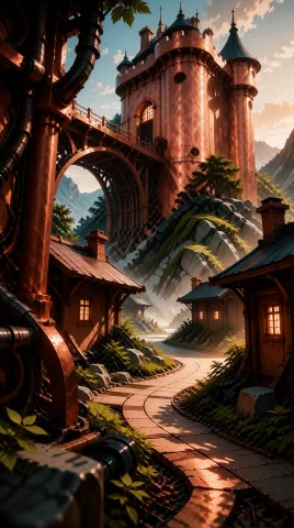 A Massive Copper Castle Towers Over A Sprawling Village Belo... — Stable Diffusion AI Prompt: A massive Copper castle towers over a sprawling village below, its metallic wall...