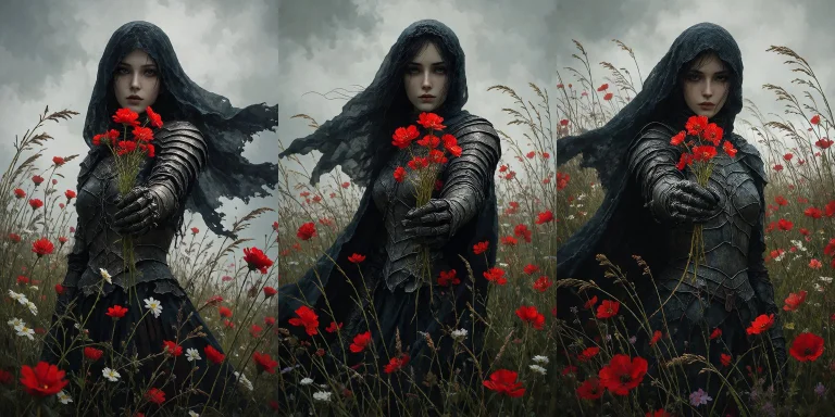 A Beauty Woman, Armored Specter Stands In A Wildflower Field...