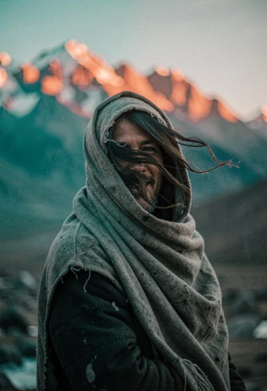 A Nomad Wrapped Against A Mountain Wind, Candid Photograph,...