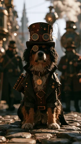 Dcst3ampunk. A Dog In A Steampunk Street. — Stable Diffusion AI Prompt: DCST3AMPUNK. a dog in a steampunk street.