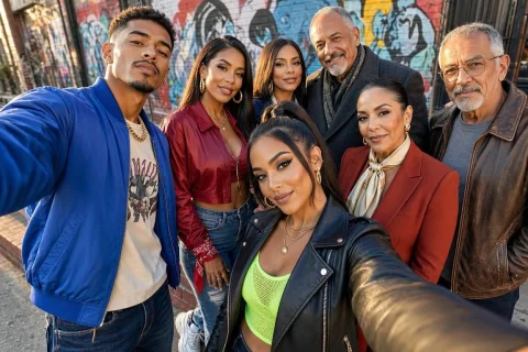 Reggaeton Fashions Urbano Latino Snapchat Photo Of Family Co... — Stable Diffusion AI Prompt: Reggaeton fashions urbano latino Snapchat photo of family comprising Reymond Gar...