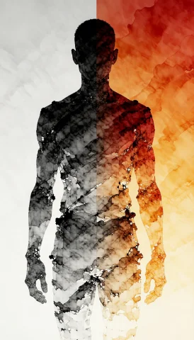 Vertical Composition Left Side Features Grayscale Silhouette... — Stable Diffusion AI Prompt: Vertical composition: left side features grayscale silhouette with grid-based te...