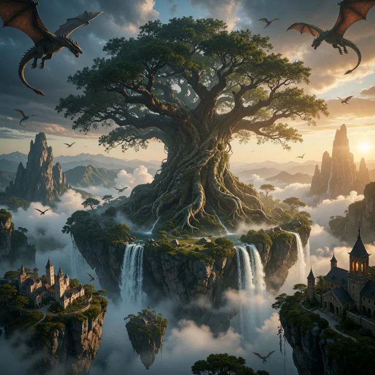 An Epic Fantasy Landscape Featuring A Colossal Ancient Tree...