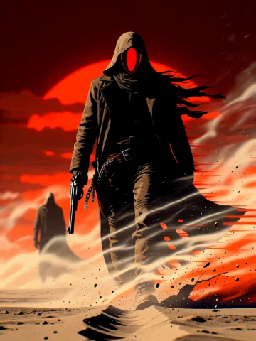 Illustration Artwork A Lone Bounty Hunter In A Long Dust Coa... — Stable Diffusion AI Prompt: illustration artwork A lone bounty hunter in a long dust coat and a closed mask...