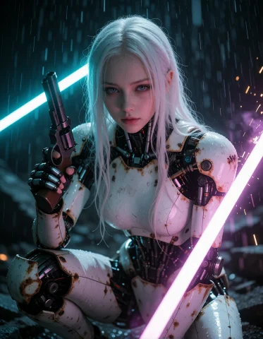 Photorealistic Photograph Of A Feminine Android With Long We... — Stable Diffusion AI Prompt: Photorealistic photograph of a feminine android with long wet white hair, rusted...
