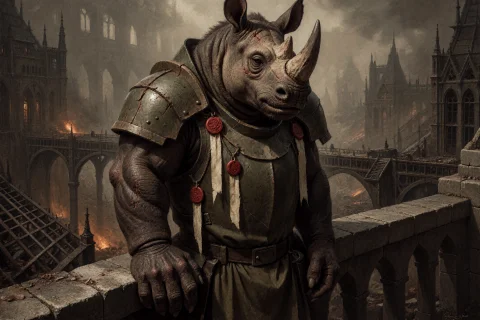 An Adult Anthropomorphic Rhinoceros Man, A Battle-hardened V... — Stable Diffusion AI Prompt: An adult anthropomorphic rhinoceros man, a battle-hardened veteran, stands in co...