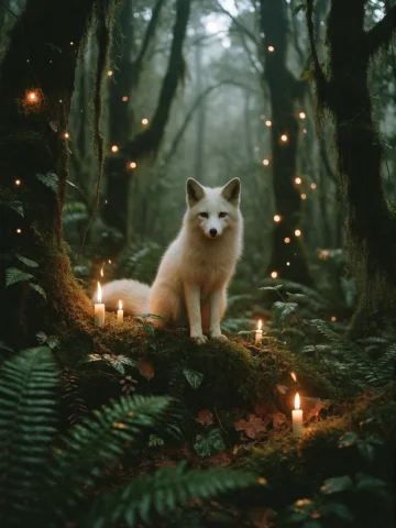 Atmospheric Grain Hybrid, A Dense Magical Forest, A White Fo... — Stable Diffusion AI Prompt: atmospheric grain hybrid, a dense magical forest, a white fox sits