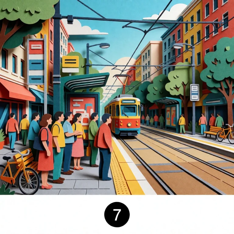 A Lively City Tram Stop Depicted As Detailed 2d Paper-cut Ar...