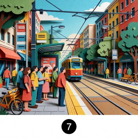 A Lively City Tram Stop Depicted As Detailed 2d Paper-cut Ar... — Stable Diffusion AI Prompt: A lively city tram stop depicted as detailed 2D paper-cut art, a group of adult...