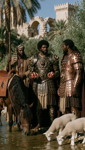 Dcanchfutre. Medium Shot At Eye Level Of Three Distinct Anci... — Stable Diffusion AI Prompt: dcanchfutre. Medium shot at eye level of three distinct ancient african men stan...
