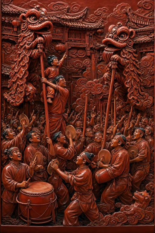 A Vertically Oriented Artwork Shows A Dense Monochrome Red C...