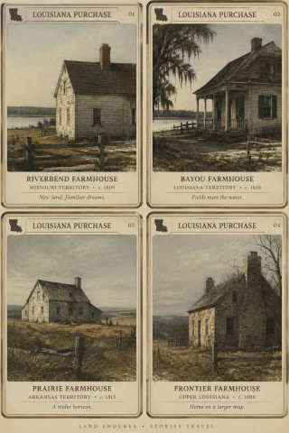 Collectible Cards Of Louisiana Purchase Farmhouses, Andrew W... — Stable Diffusion AI Prompt: collectible cards of Louisiana Purchase farmhouses, Andrew Wyeth arch. style. Tr...