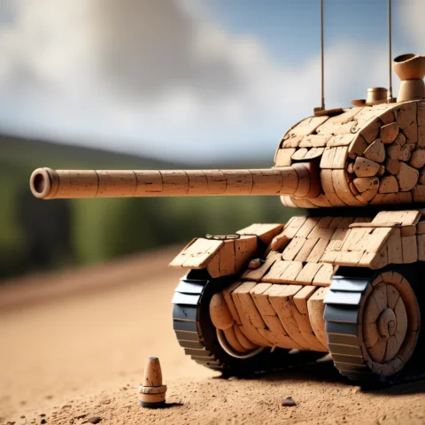 Corkworld, A Mighty Cork Tank Points Its Cannon Forward, But... — SDXL AI Prompt: corkworld, A mighty cork tank points its cannon forward, but a giant bottle stop...