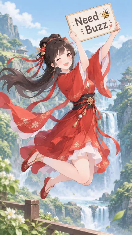1girl,waterfall,valley,,red Hanfu,needbuzz, Holding Sign, Cl...