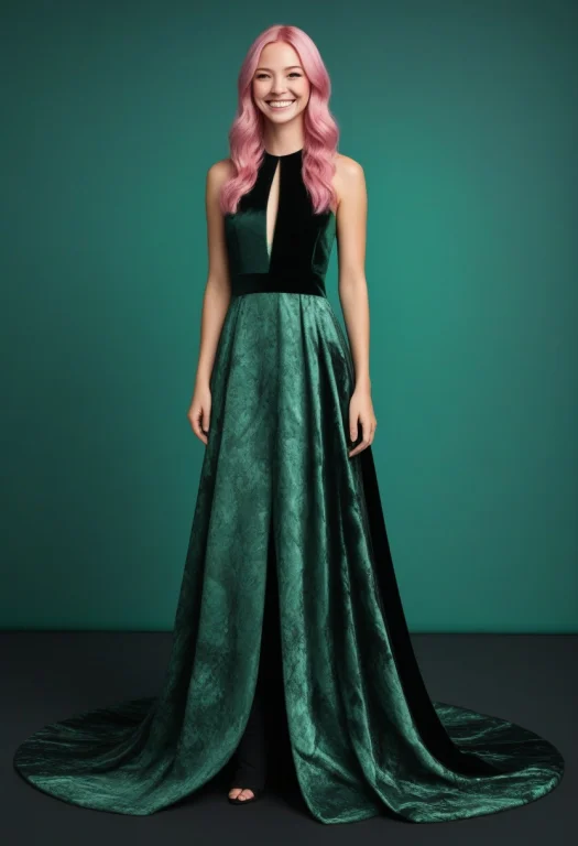 Dark Velvet Backdrop, A Woman With Pink Hair In An Elegant L...