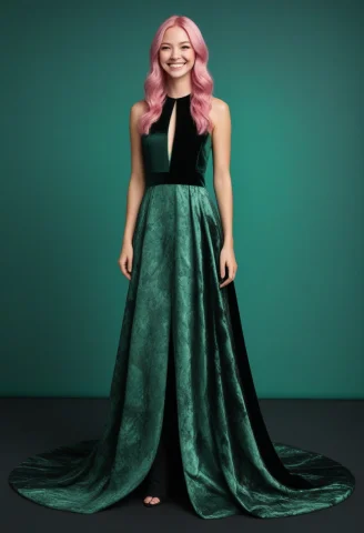 Dark Velvet Backdrop, A Woman With Pink Hair In An Elegant L... — SDXL AI Prompt: dark velvet backdrop, a woman with pink hair in an elegant long gown that looks...