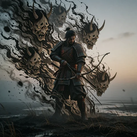 A Lone Warrior Stands Rooted In A Quiet, Desolate Landscapep... — Stable Diffusion AI Prompt: A lone warrior stands rooted in a quiet, desolate landscape—perhaps a misty fiel...