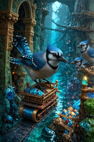 , , A Breathtaking Macro Photograph Of A Cute Real Blue Jay... — Stable Diffusion AI Prompt: , , A breathtaking macro photograph of a cute real blue jay riding a tiny sled t...