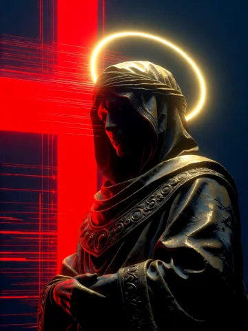 Illustration Artwork A Dark Bronze Statue Of A Robed Figure... — Stable Diffusion AI Prompt: illustration artwork a dark bronze statue of a robed figure with a radiant golde...