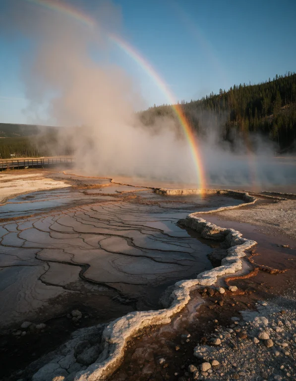 Photorealistic Photograph Of A Geysers Basin At Dawn, Steam...