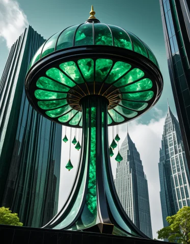 A Gemstone Jellyfish Floats Above A Miniature Polished Obsid... — SDXL AI Prompt: A gemstone jellyfish floats above a miniature polished obsidian skyscraper, its...