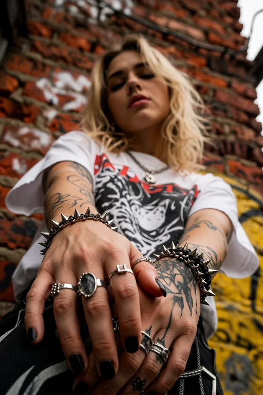 Street Portrait, 1girl, Arm Tattoo, Black Nails, Blurry Back...