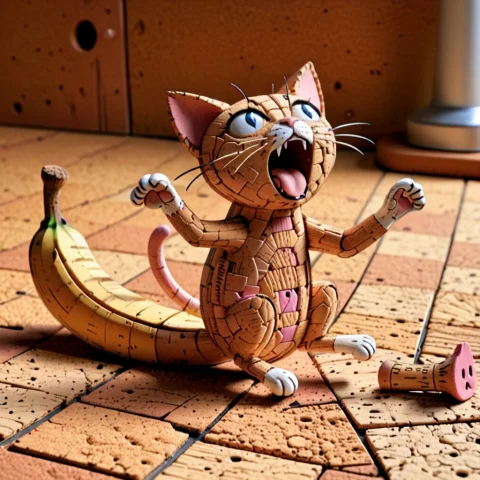 Corkworld, Lazypos Cat Tripping Over A Banana, Terrified Exp... — SDXL AI Prompt: corkworld, lazypos Cat tripping over a banana, terrified expression, exaggerated...
