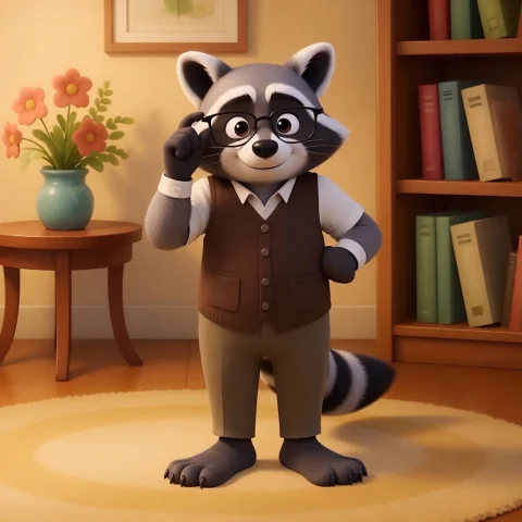 Digital Illustration Of An Anthropomorphic Raccoon Standing... — Stable Diffusion AI Prompt: Digital illustration of an anthropomorphic raccoon standing in a cozy, warmly-li...