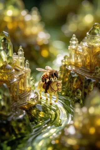 A Breathtaking Macro Photograph Of A Cute Real Yellow Bee Ri... — Stable Diffusion AI Prompt: A breathtaking macro photograph of a cute real yellow bee riding a tiny horse th...