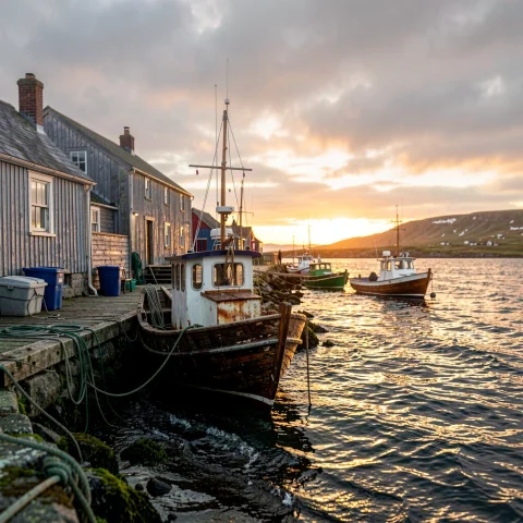 A Fishing Village Hushed At Golden Hour, Overcast Light, Mac... — Stable Diffusion AI Prompt: a fishing village hushed at golden hour, overcast light, macro lens, sharp focus