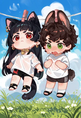 Chibi Of Two Characters Dangling Side By Side A Chibi Of A C... — Stable Diffusion AI Prompt: chibi of two characters dangling side by side (a chibi of a cat girl with long s...